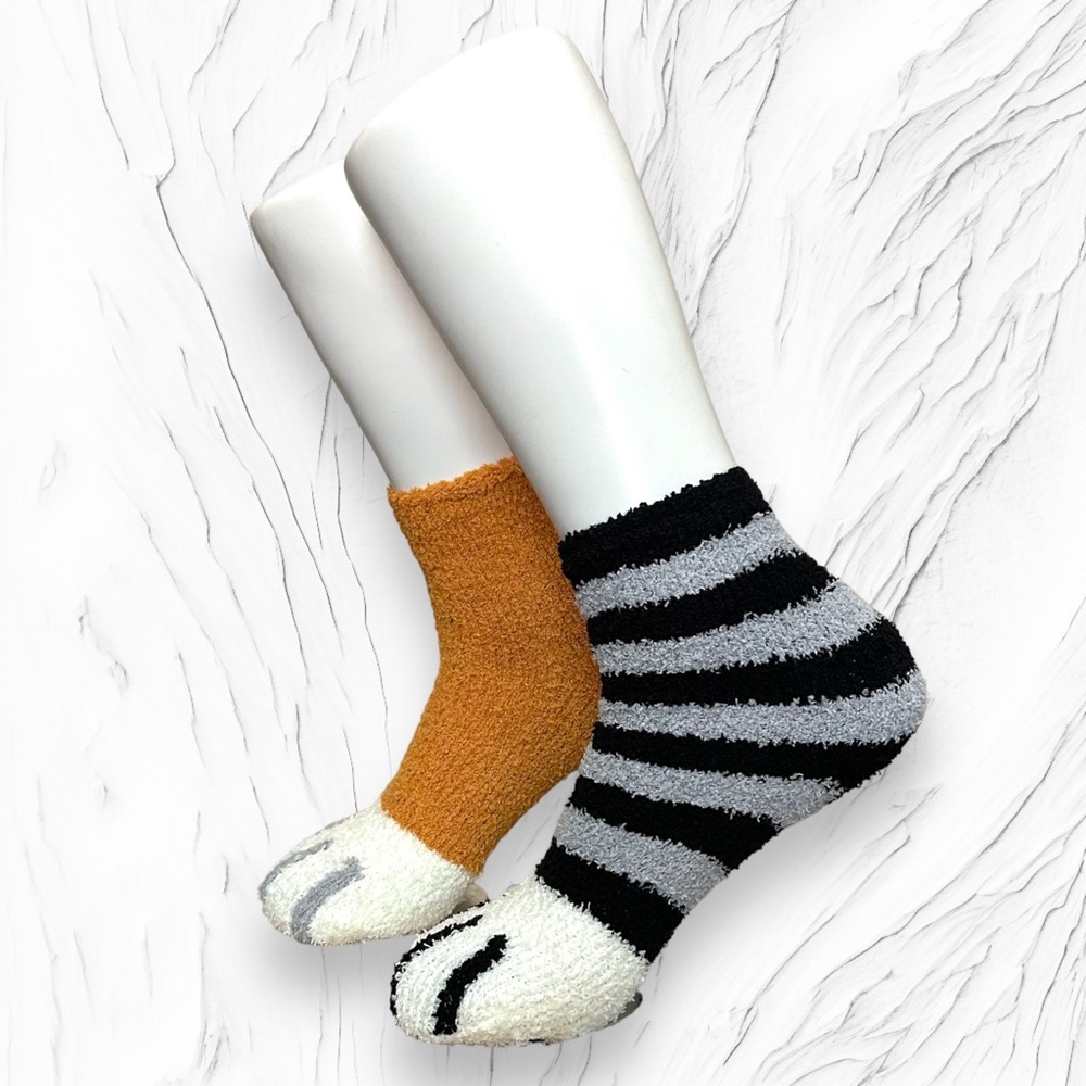 Cat Paw Socks Fuzzy Warm Adorable Kitty Slipper New Brown Black Gray Grey - Picture 2 of 13